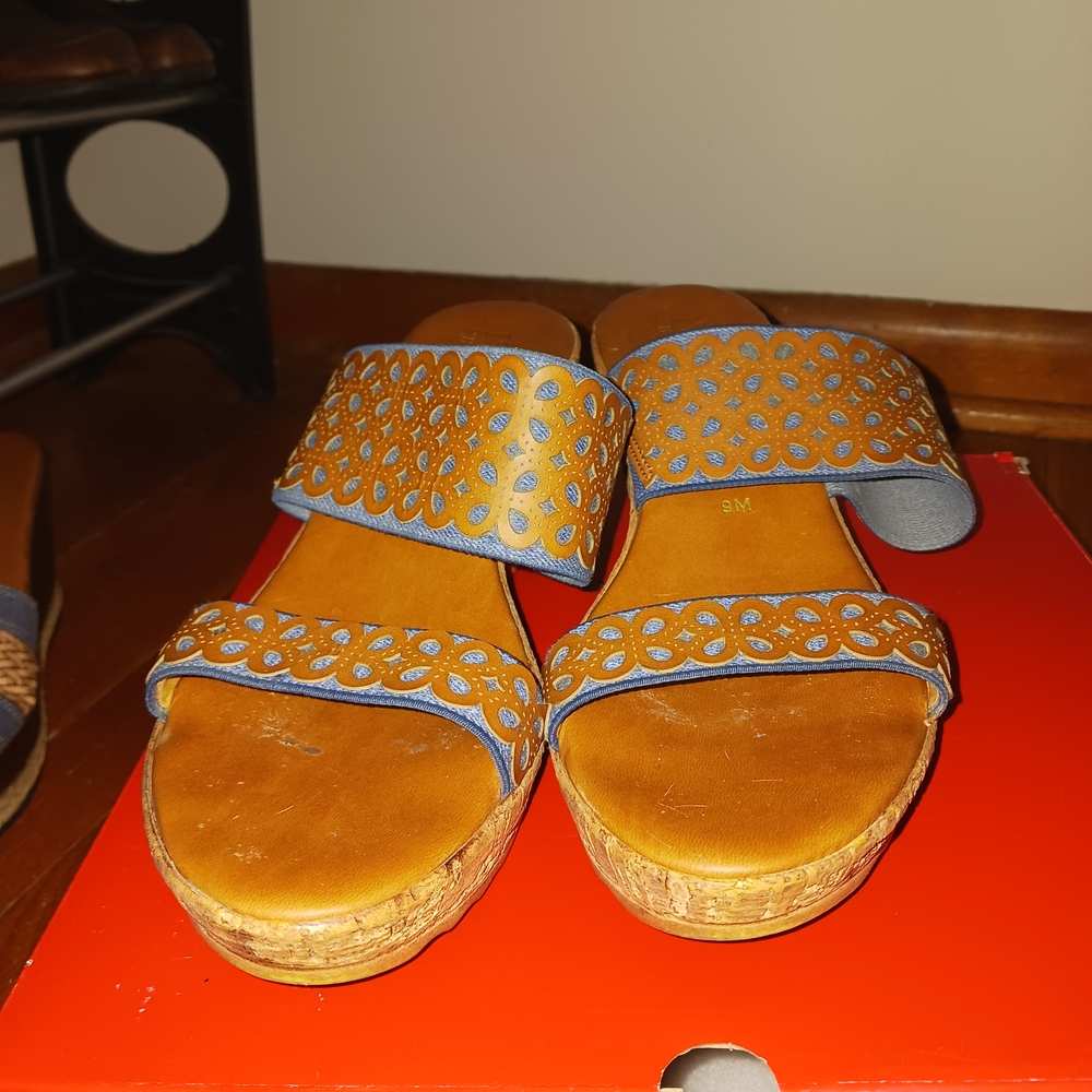 Corkys Tan and Blue Wedges